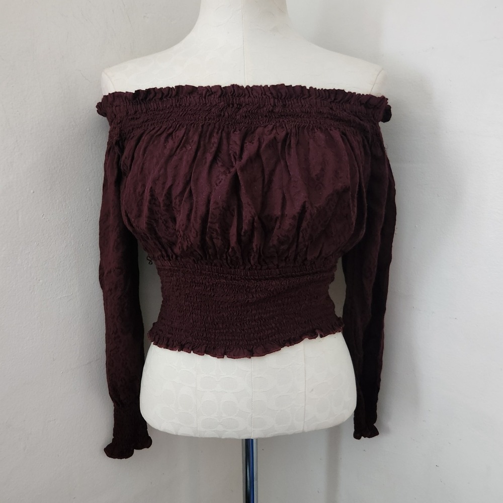 Express Womens XS Burgundy Smocked Off The Shoulder Floral Jacquard Crop Top